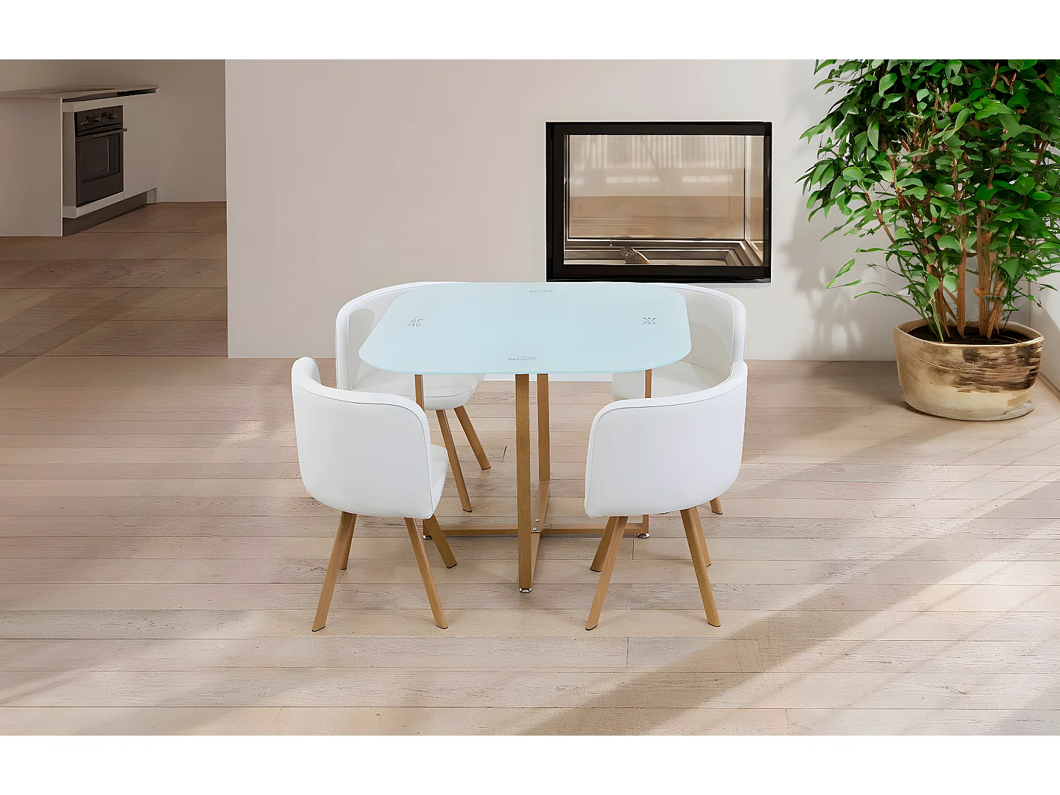 Mesa de Cristal Templado Teka + 4 Sillas. Comedor o Cocina Blanco 100x100 cm