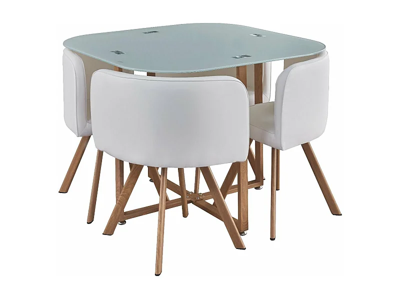 Mesa de Cristal Templado Teka + 4 Sillas. Comedor o Cocina Blanco 100x100 cm