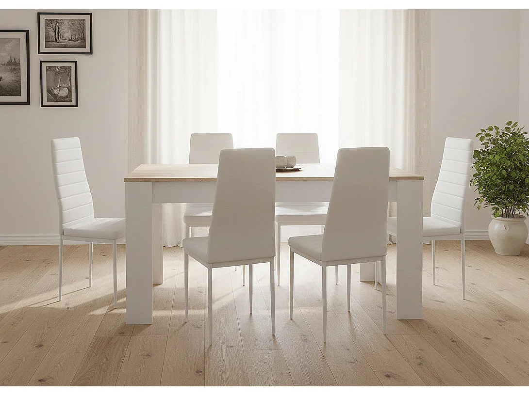 Conjunto Mesa Extensível de Jantar ou Cozinha Carvalho + 6 Cadeiras em Couro Sintético/metal Cinza