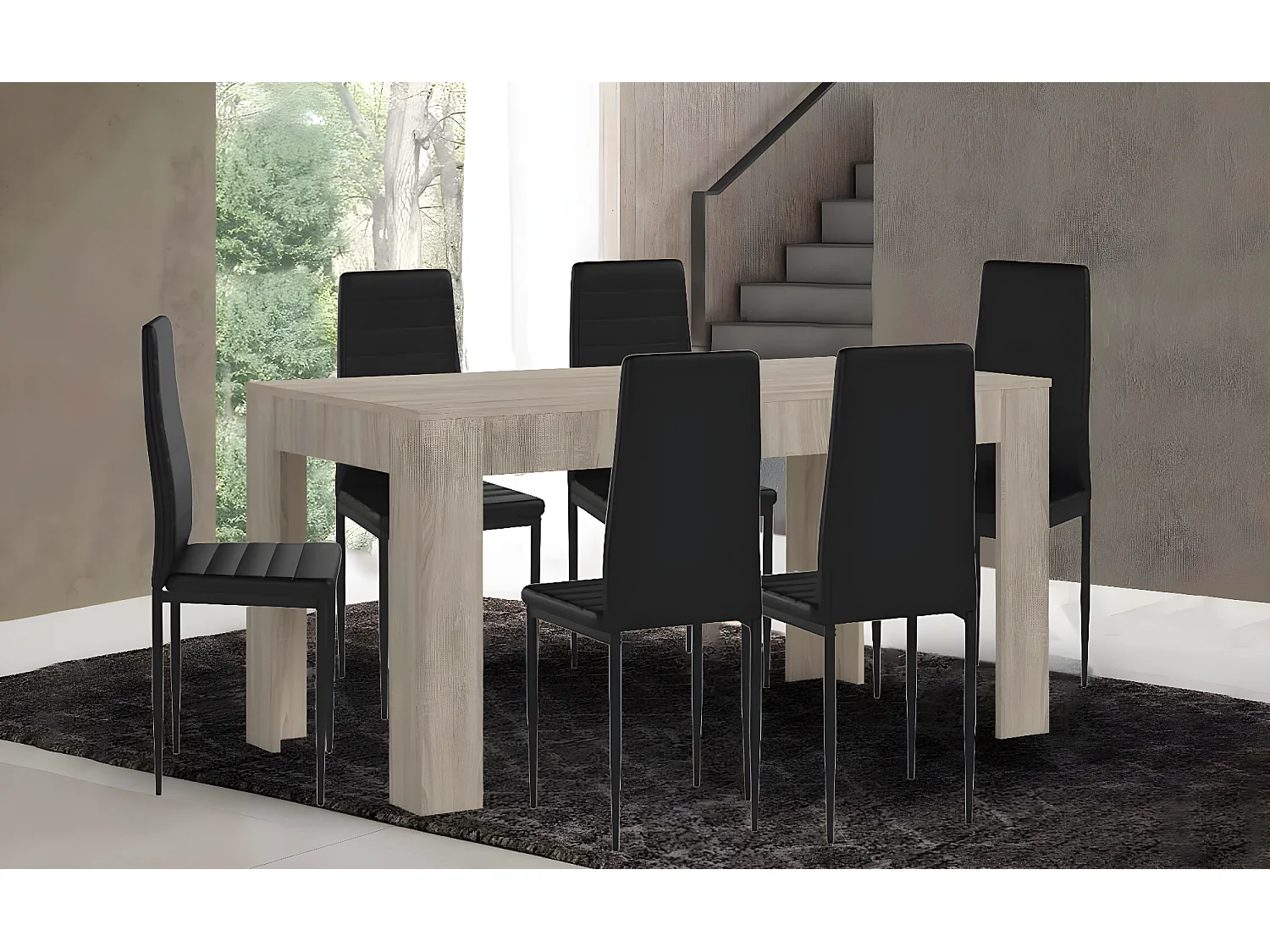 Mesa Extensible de Comedor o Cocina Cambria + 6 Sillas en Polipiel/metal Negro