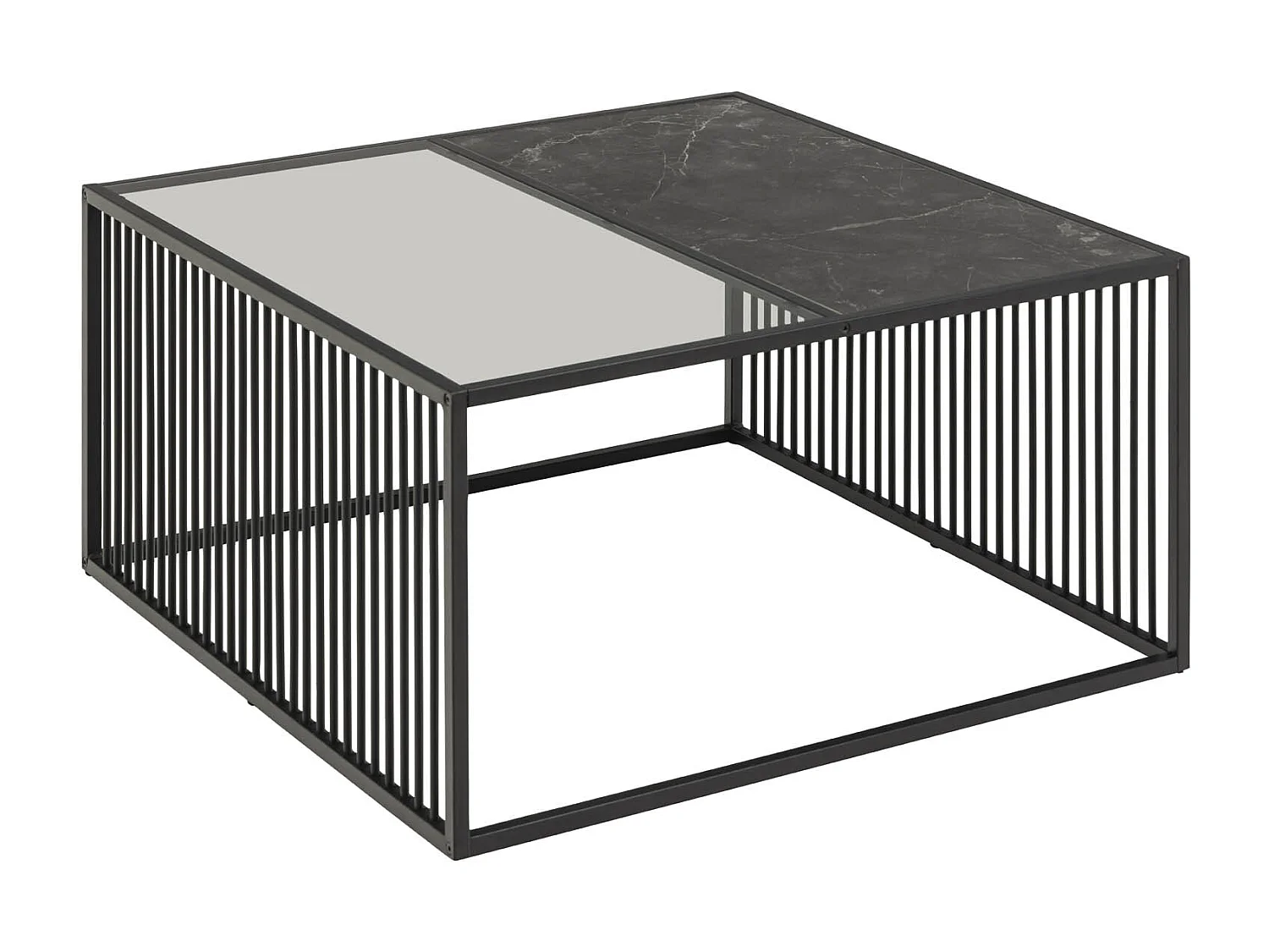 Strington table basse 80x80 cm verre enfumé, noir marbré décor.