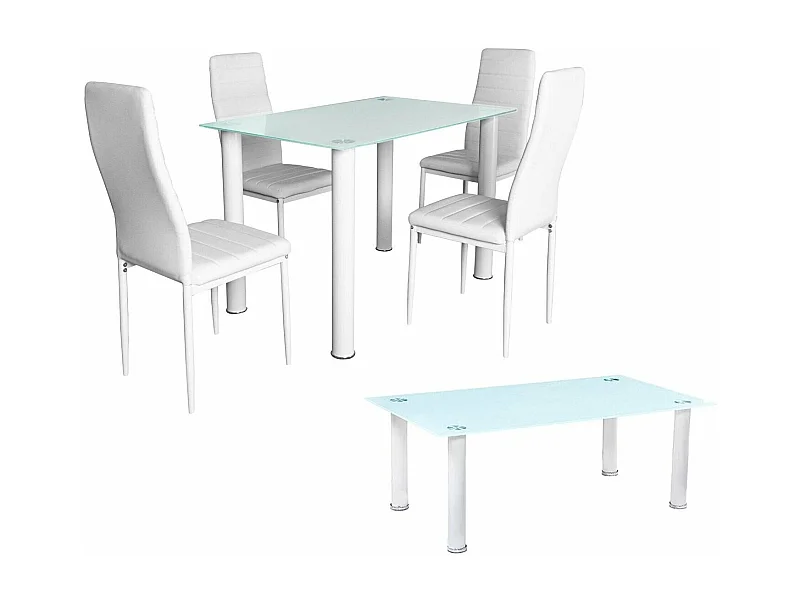 Pack Elegance: Mesa de Cristal Templado + 4 Sillas Polipiel + Mesa de Centro de Cristal Templado Blanco