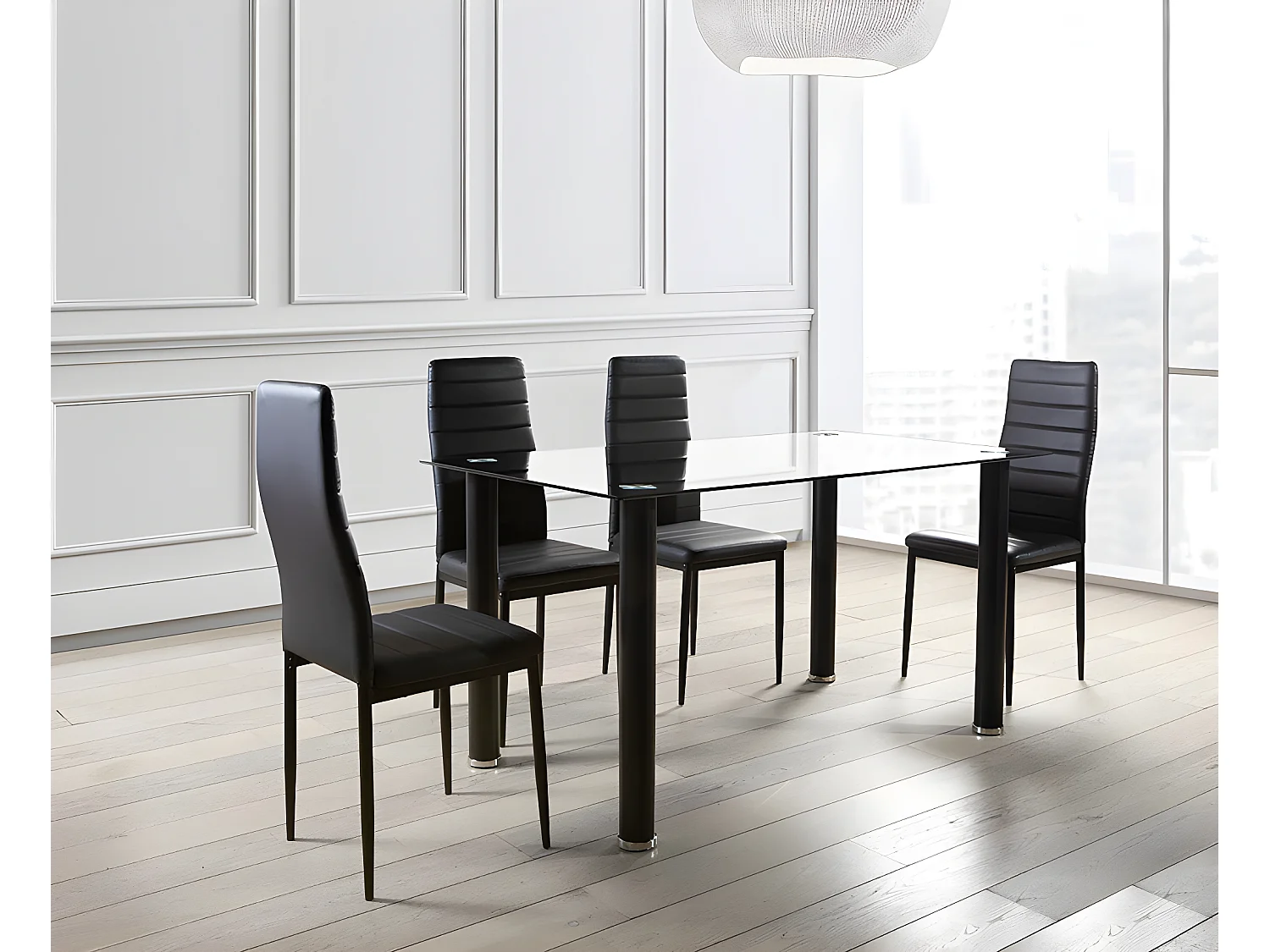 Conjunto Mesa em Vidro Temperado + 4 Cadeiras em Couro Sintético. Sala de Jantar ou Cozinha, Cinza