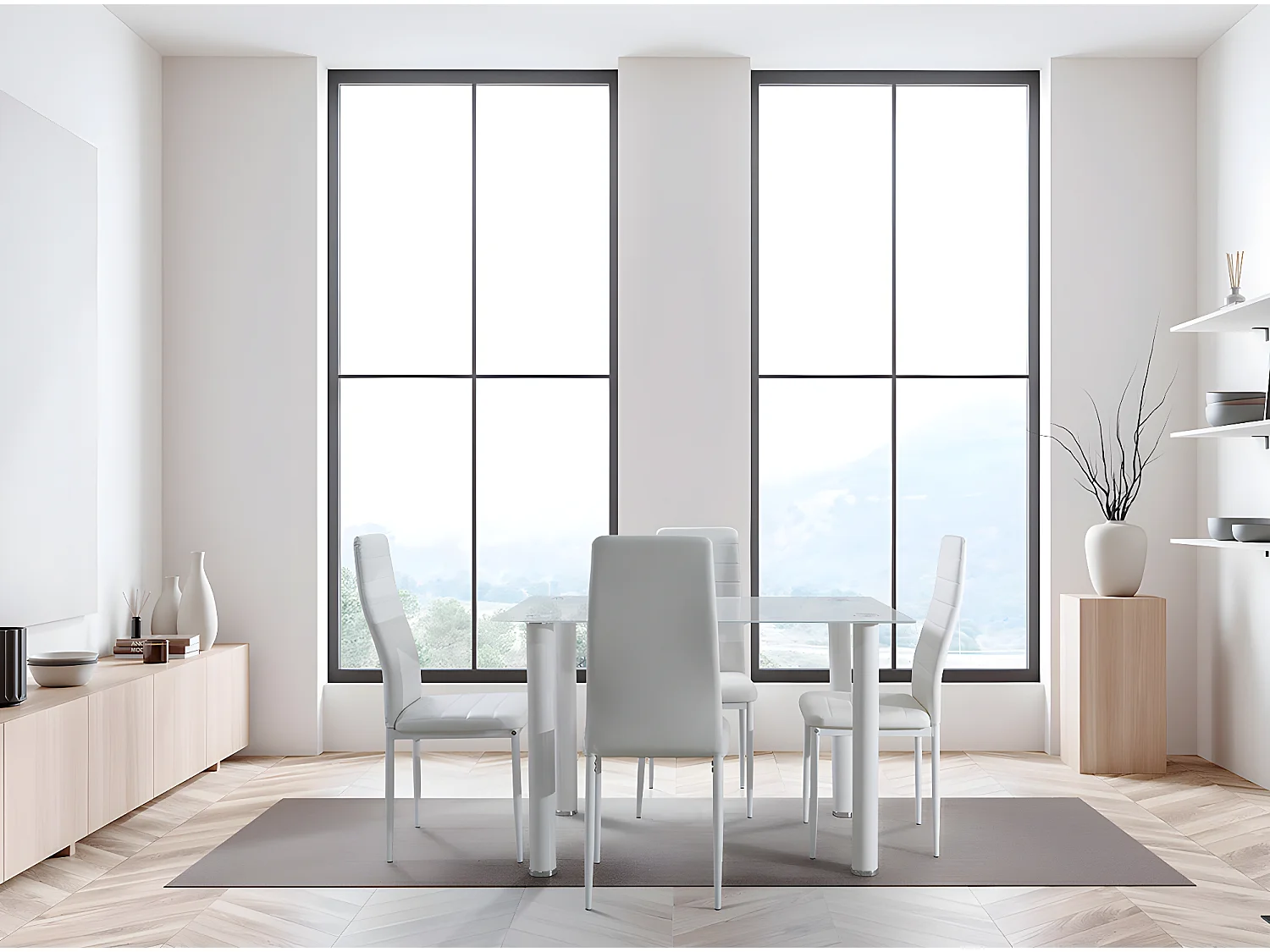 Conjunto Mesa em Vidro Temperado + 4 Cadeiras em Couro Sintético. Sala de Jantar ou Cozinha, Cinza