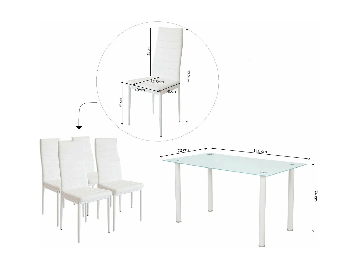 Mesa de Cristal Templado + 4 Sillas Polipiel. Comedor o Cocina, Gris