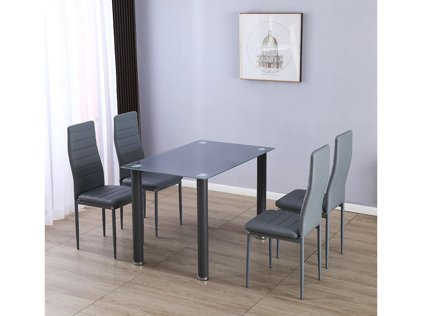 Mesa de Cristal Templado + 4 Sillas Polipiel. Comedor o Cocina, Gris