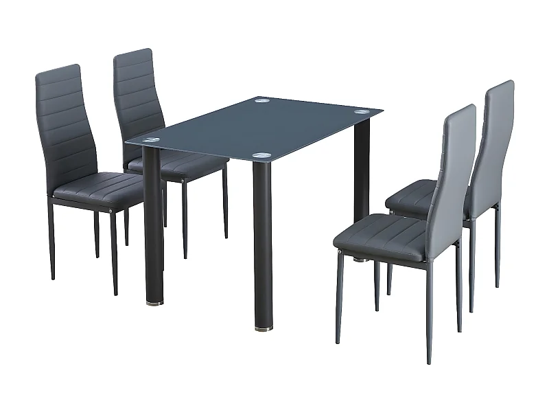 Conjunto Mesa em Vidro Temperado + 4 Cadeiras em Couro Sintético. Sala de Jantar ou Cozinha, Cinza