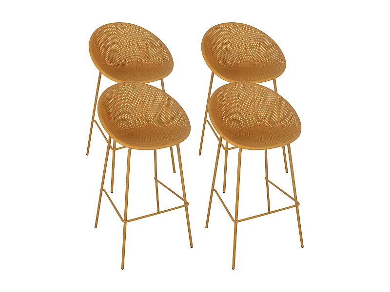 Lot de 4 chaises hautes de terrasse en plastique jaune moutarde