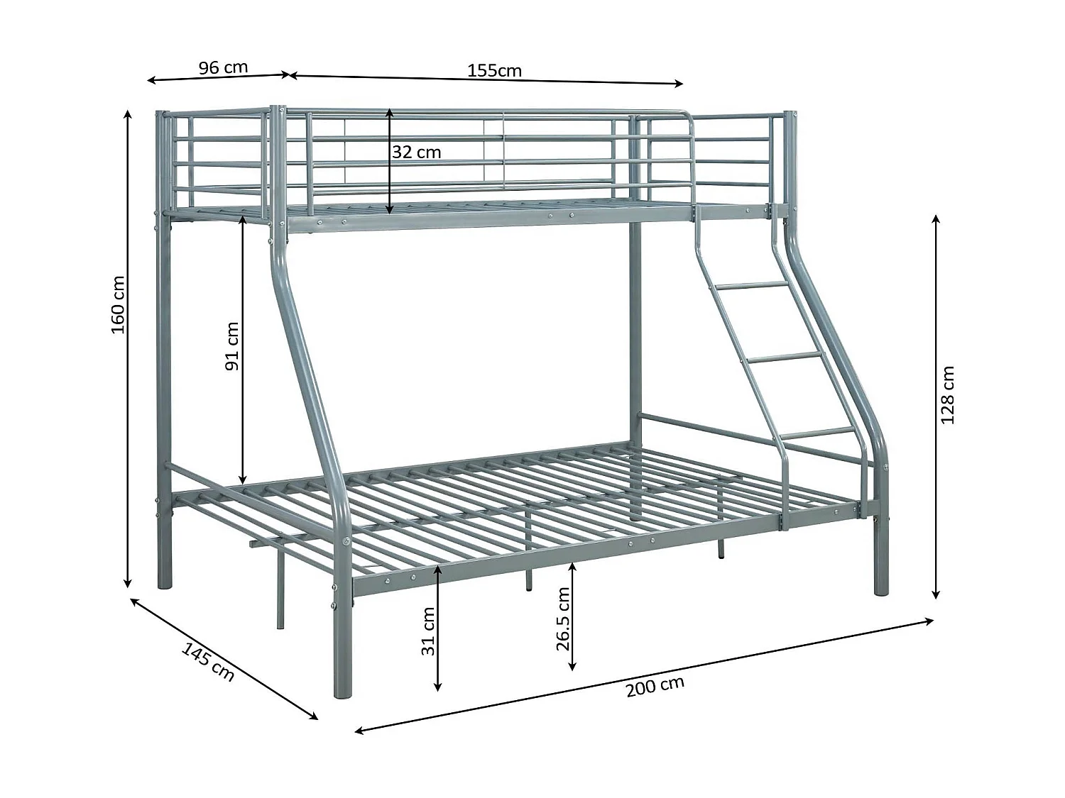 Beliche de Casal Metal Cinza + 1 Colchão Superior (90x190cm)