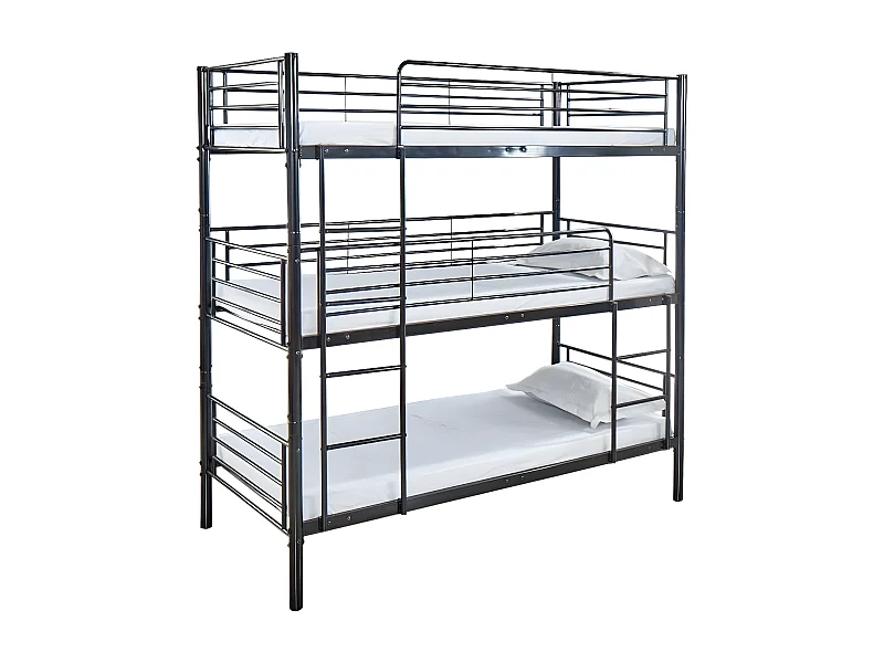 Litera Triple Metalica 90cm Negro + 3 Colchones (90x190 cm)