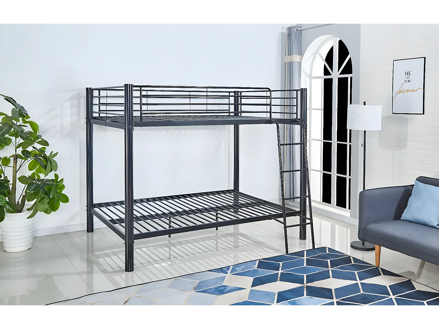 Beliche de Casal 135cm Metal Preto + 2 Colchões Básicos de 18cm