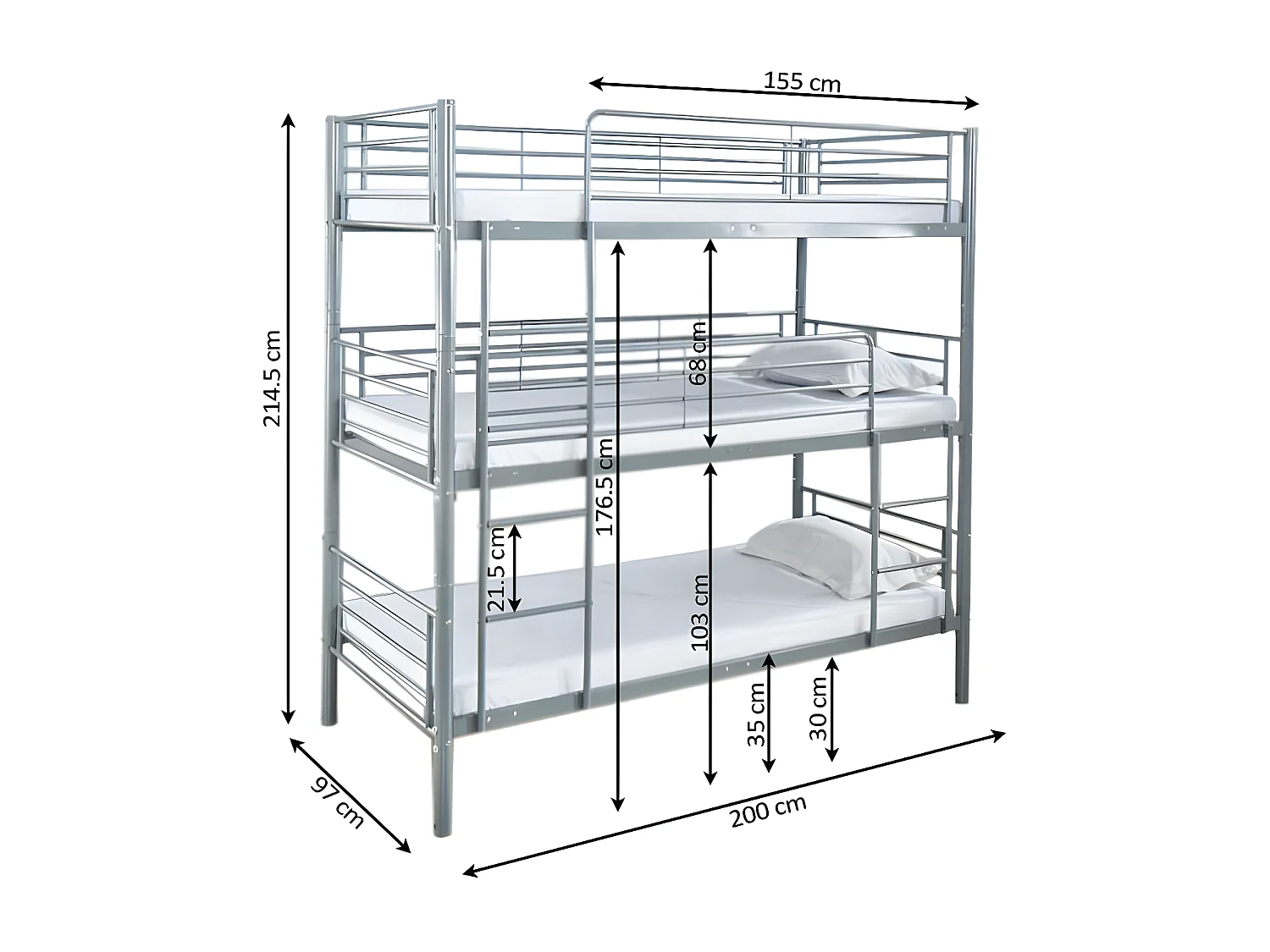 Litera Triple Metalica 90cm Negro + 1 Colchon (90x190 cm)