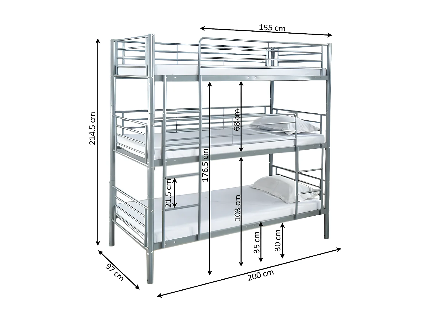 Litera Triple Metalica 90cm Blanco + 2 Colchones (90x190 cm)