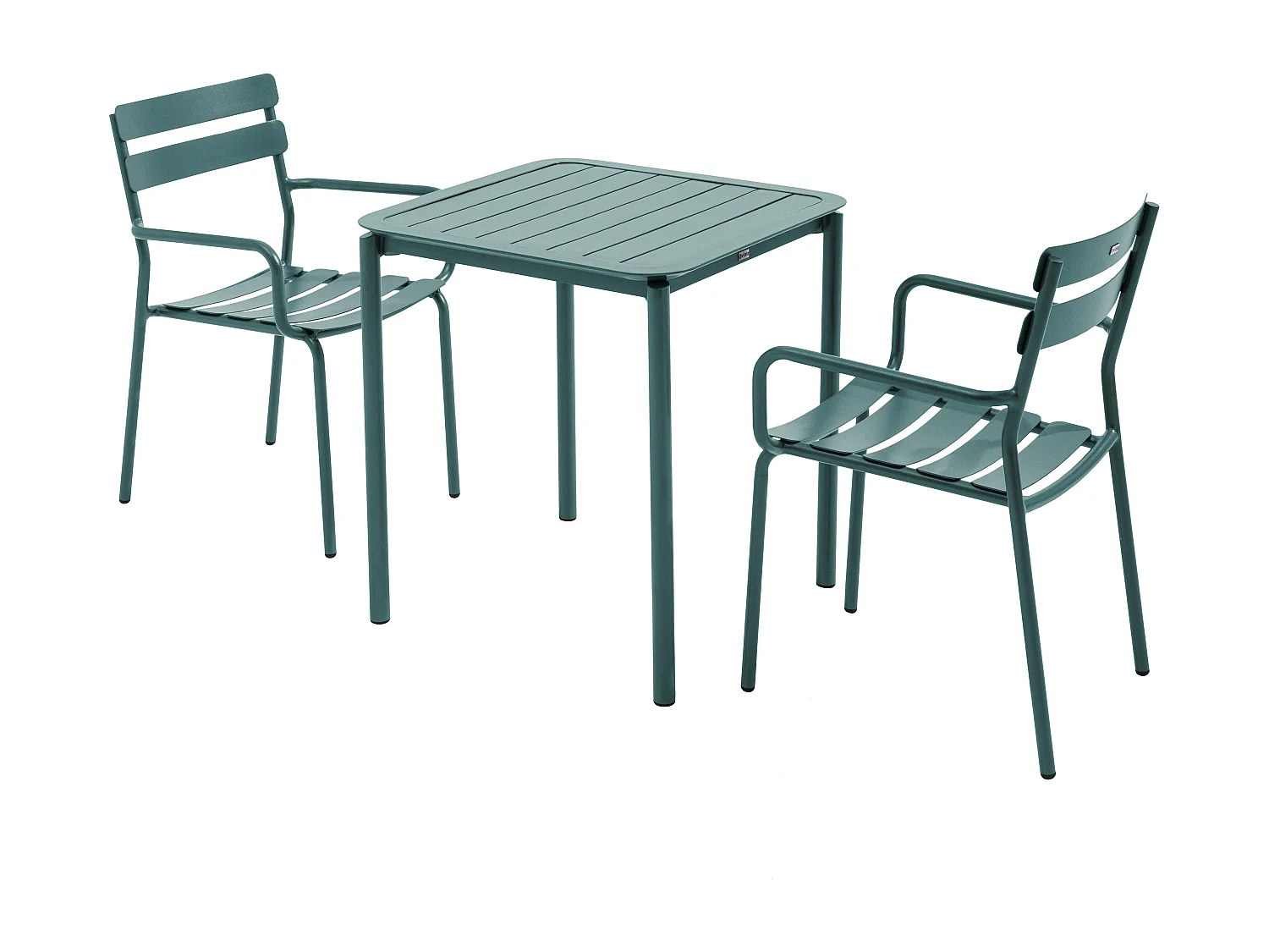 Vierkante terrastafel (70 x 70cm) en 2 donkergroene fauteuils