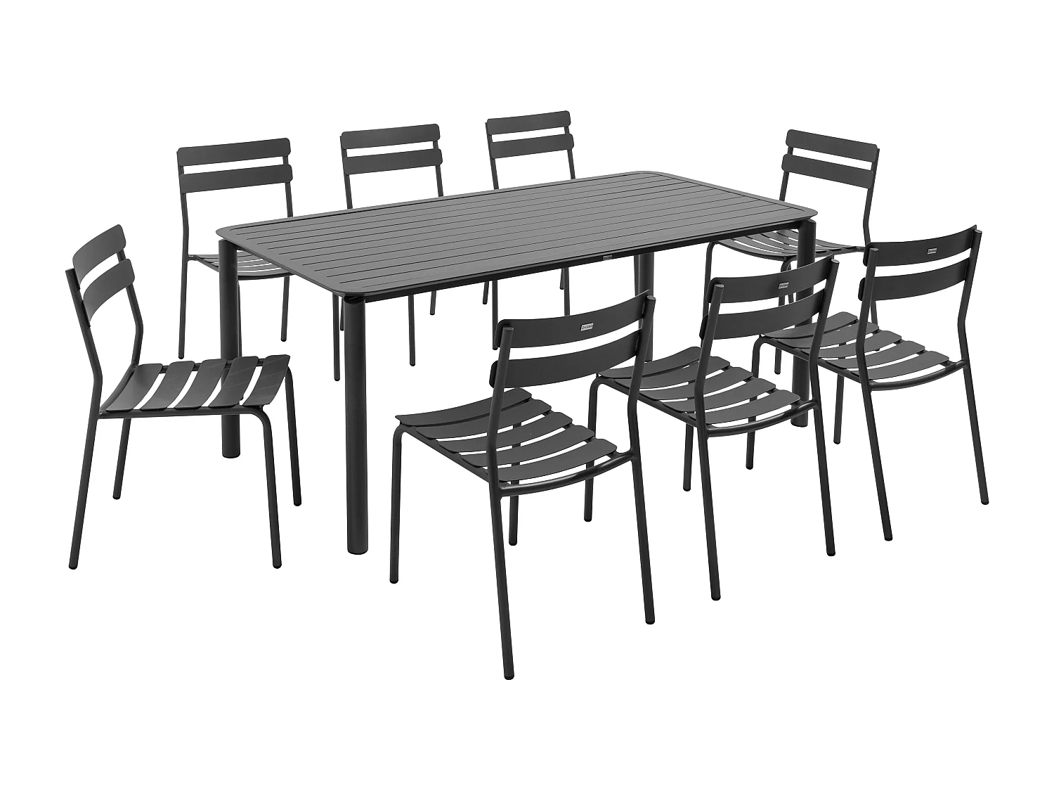 Vierkante terrastafel (185 x 92 cm) en 8 zwarte stoelen