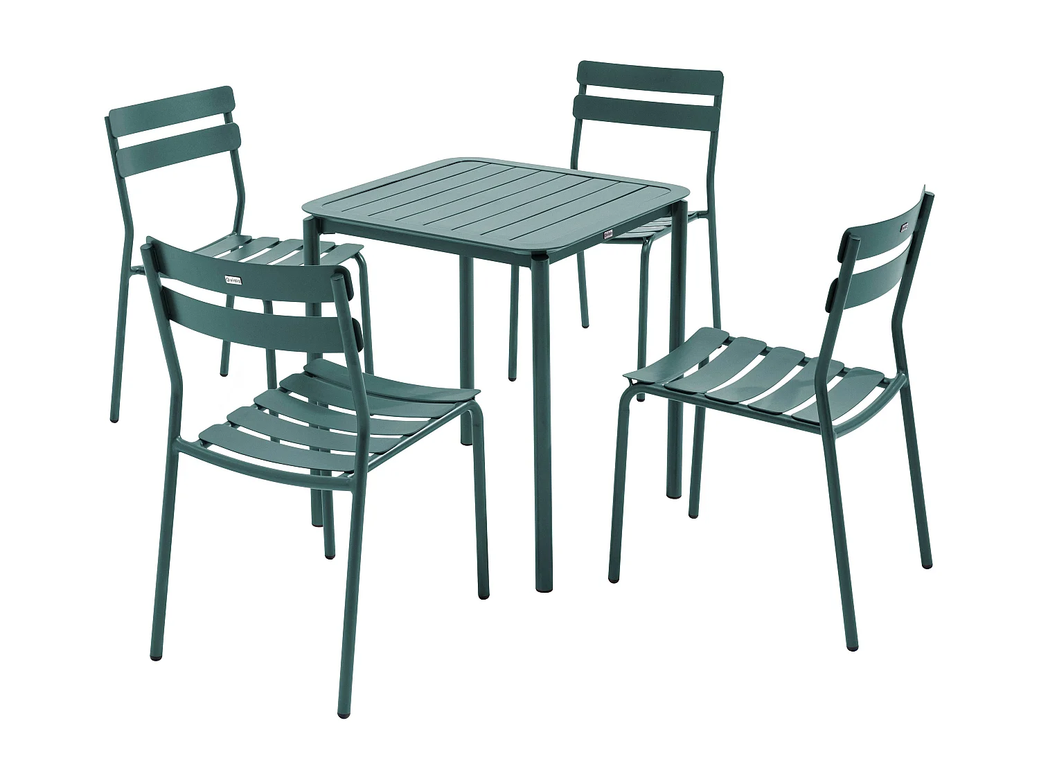 Vierkante terrastafel (70 x 70cm) en 4 donkergroene stoelen