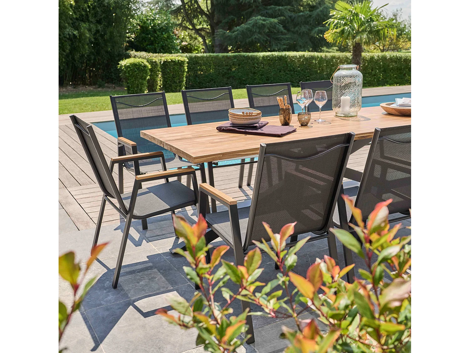 Table de jardin en acacia et aluminium avec 10 fauteuils
