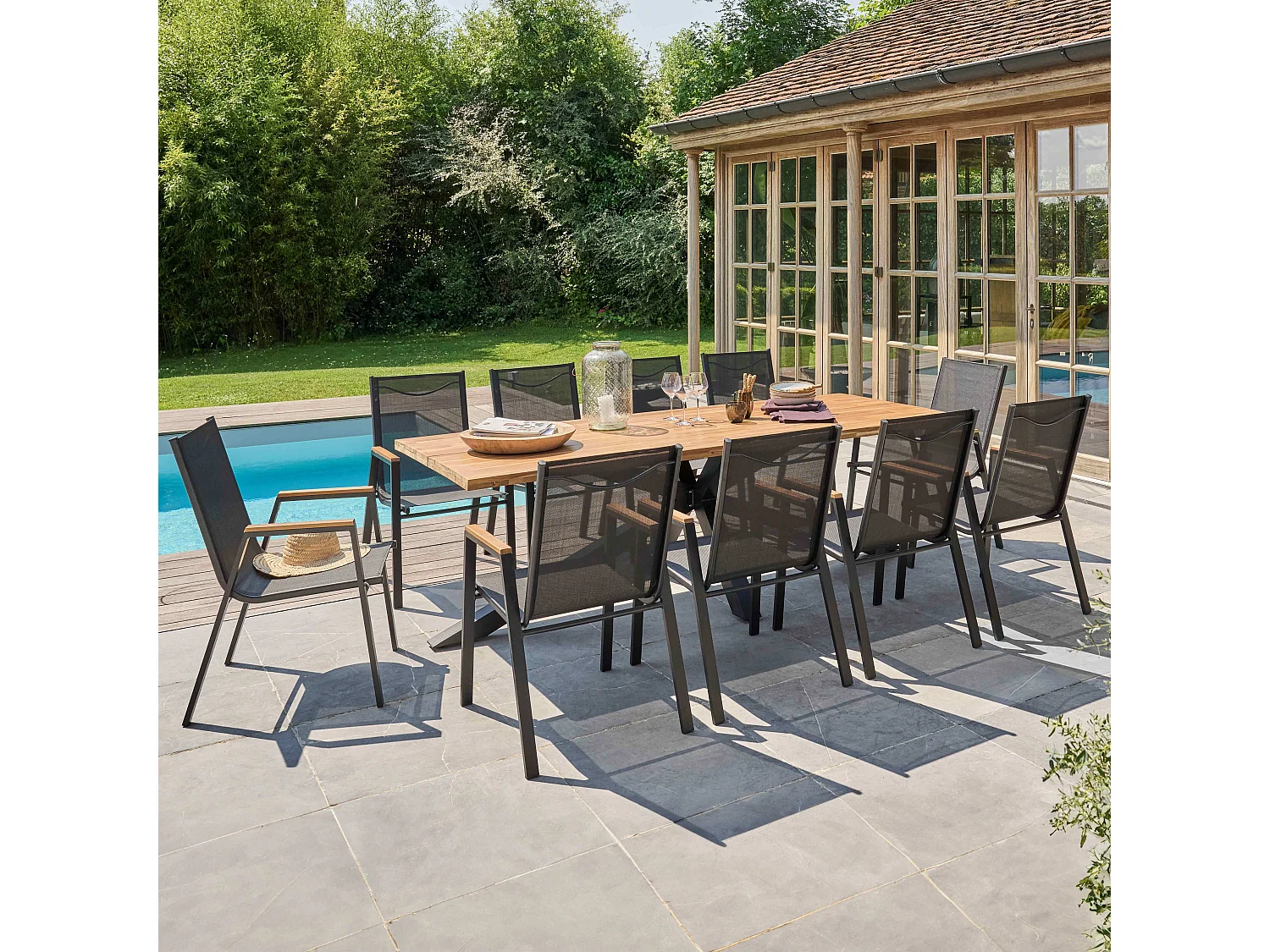 Table de jardin en acacia et aluminium avec 10 fauteuils