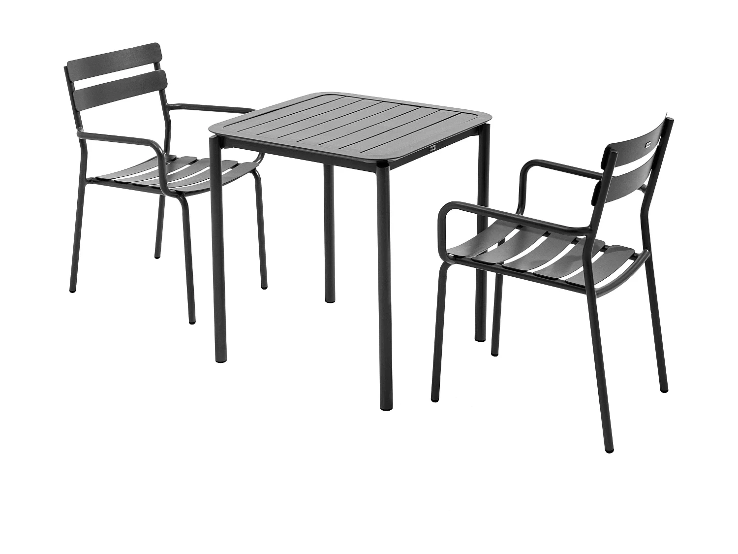 Vierkante terrastafel (70 x 70cm) en 2 zwarte fauteuils