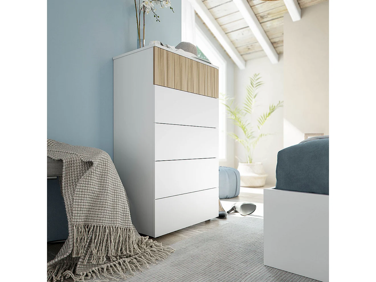 Cômoda Camiseiro com 5 Gavetas Ethna, Branco e Carvalho 109x61cm