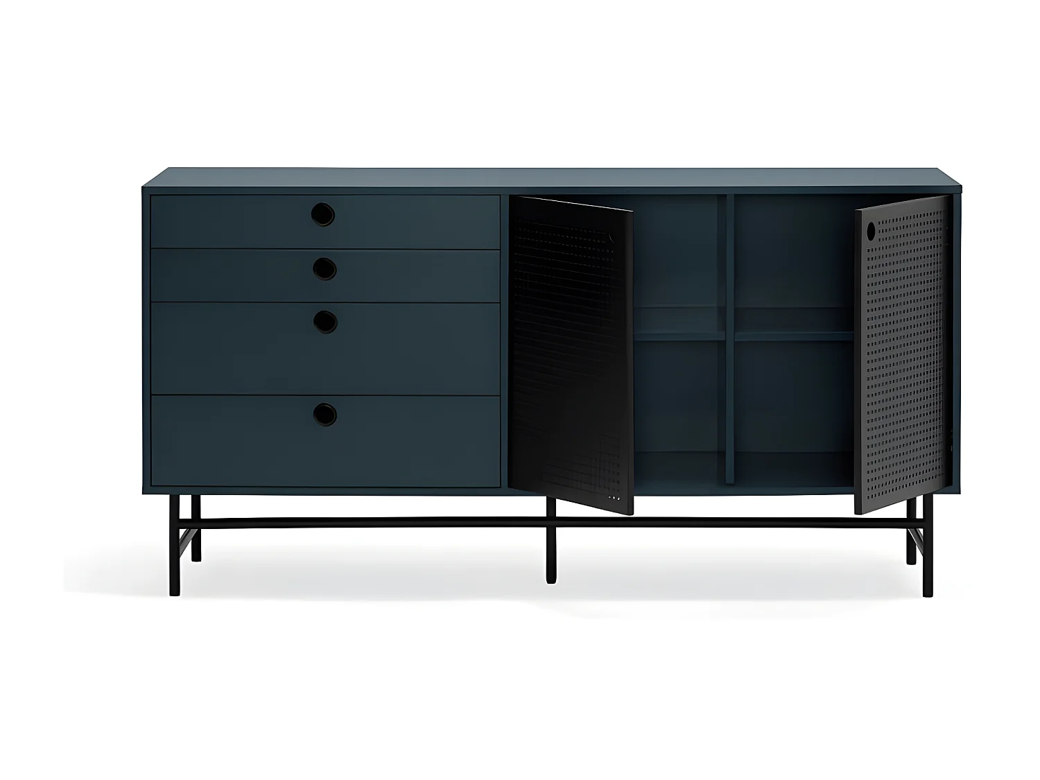 Buffet bas en bois et métal perforé 4 tiroirs 2 portes PUNTO
