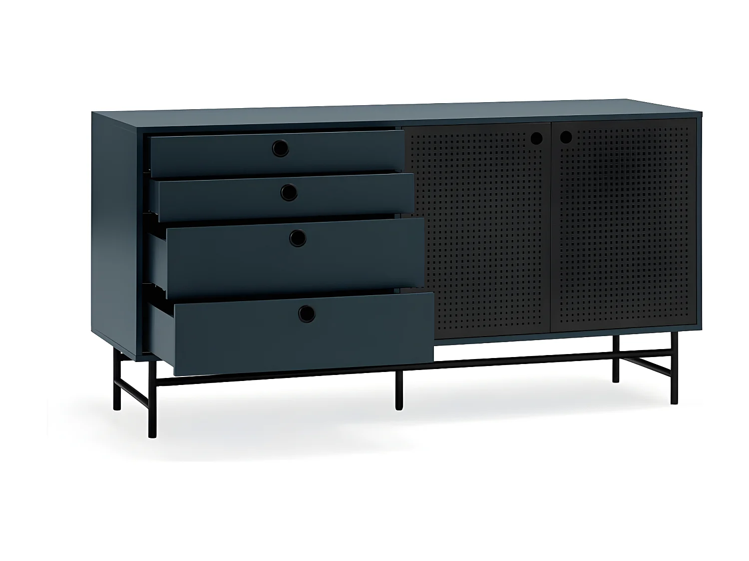 Buffet bas en bois et métal perforé 4 tiroirs 2 portes PUNTO