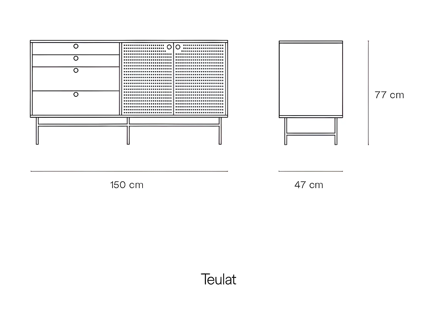 Buffet bas en bois et métal perforé 4 tiroirs 2 portes PUNTO