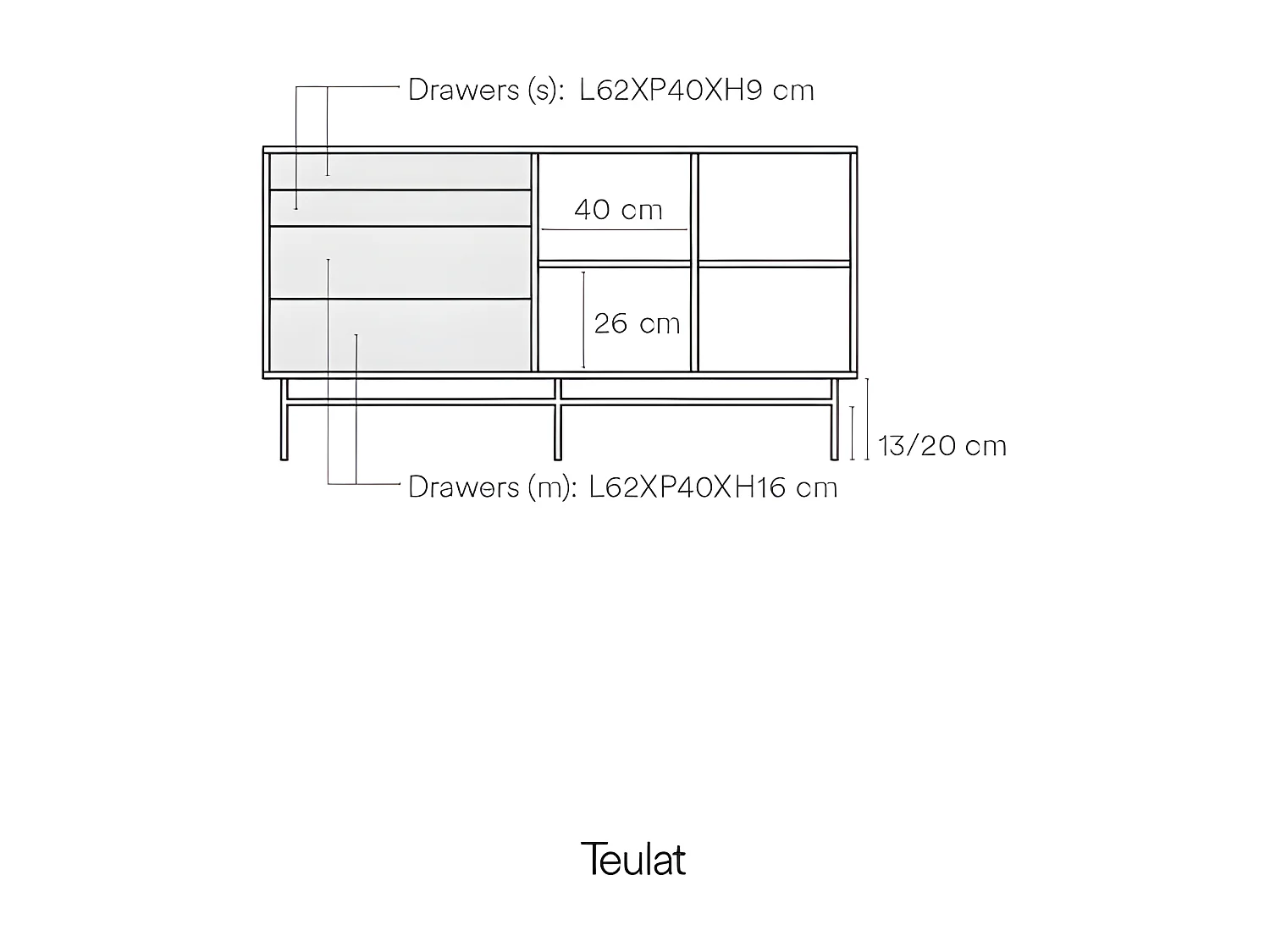 Buffet bas en bois et métal perforé 4 tiroirs 2 portes PUNTO