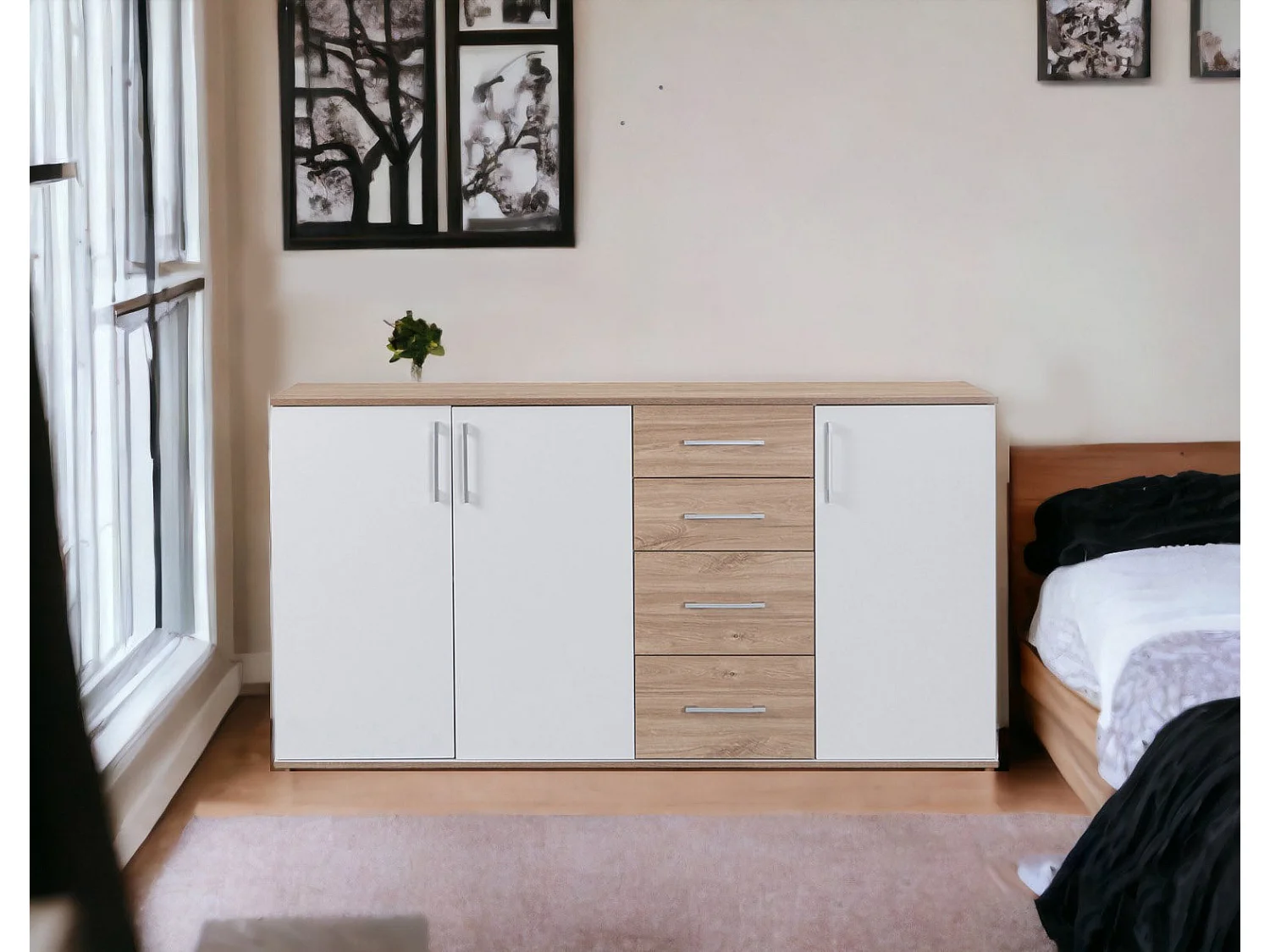 Comoda Aparador Joana 3 Puertas y 4 Cajones Blanco y Cemento 160x82 cm