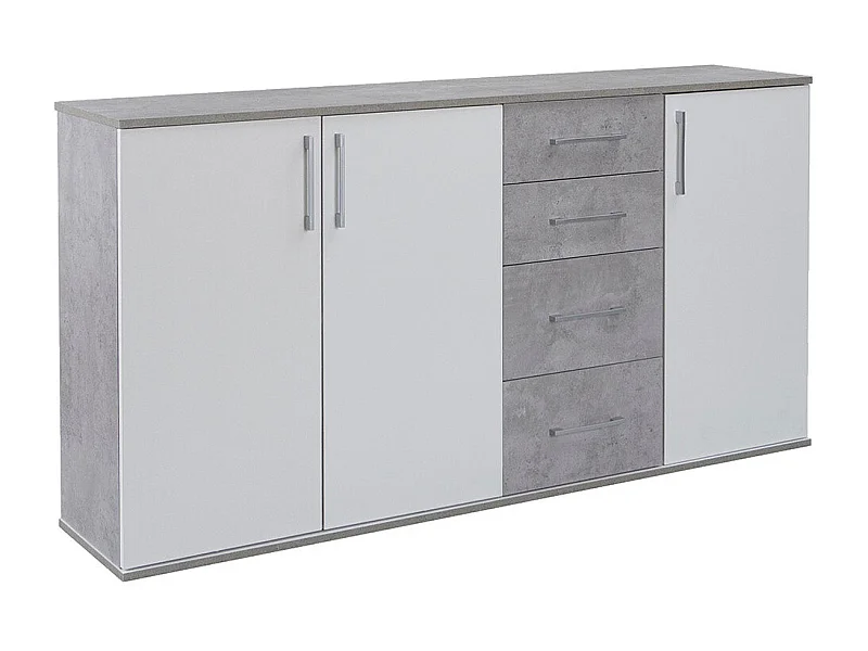 Cômoda Aparador Joana 3 Portas e 4 Gavetas, Branco e Cimento 160x82cm