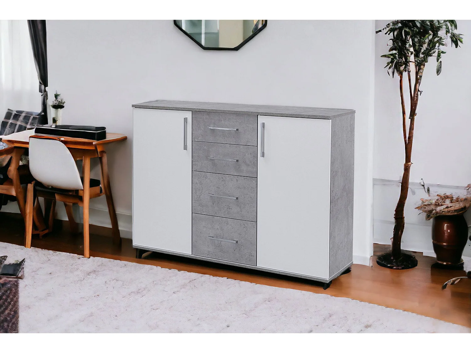 Comoda Aparador Joana 2 Puertas y 4 Cajones Blanco y Cambria 120x82 cm