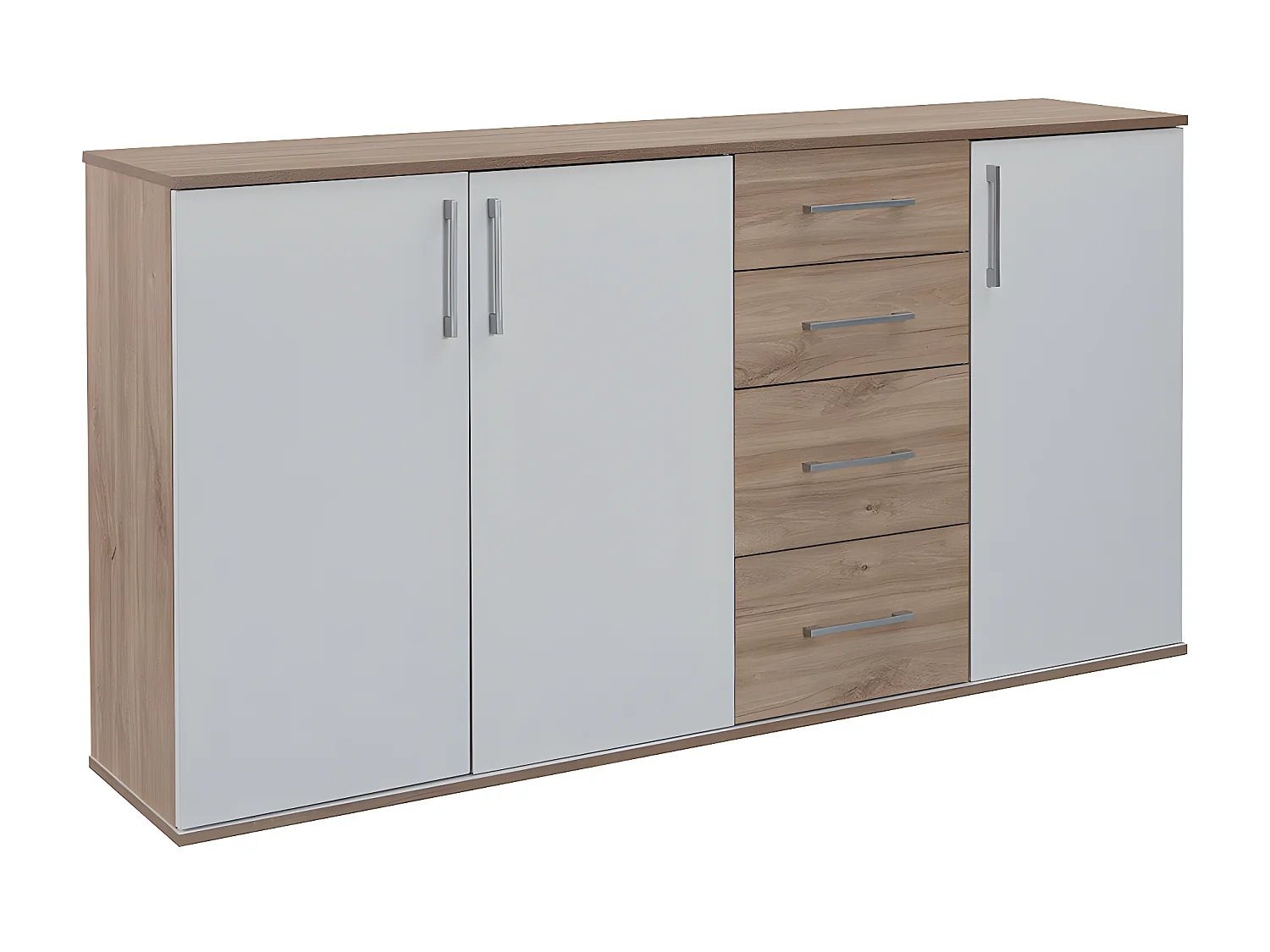 Comoda Aparador Joana 3 Puertas y 4 Cajones Blanco y Cambria 160x82 cm