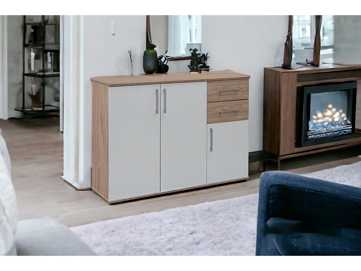 Comoda Aparador Joana 3 Puertas y 2 Cajones Blanco y Cemento 120x82 cm