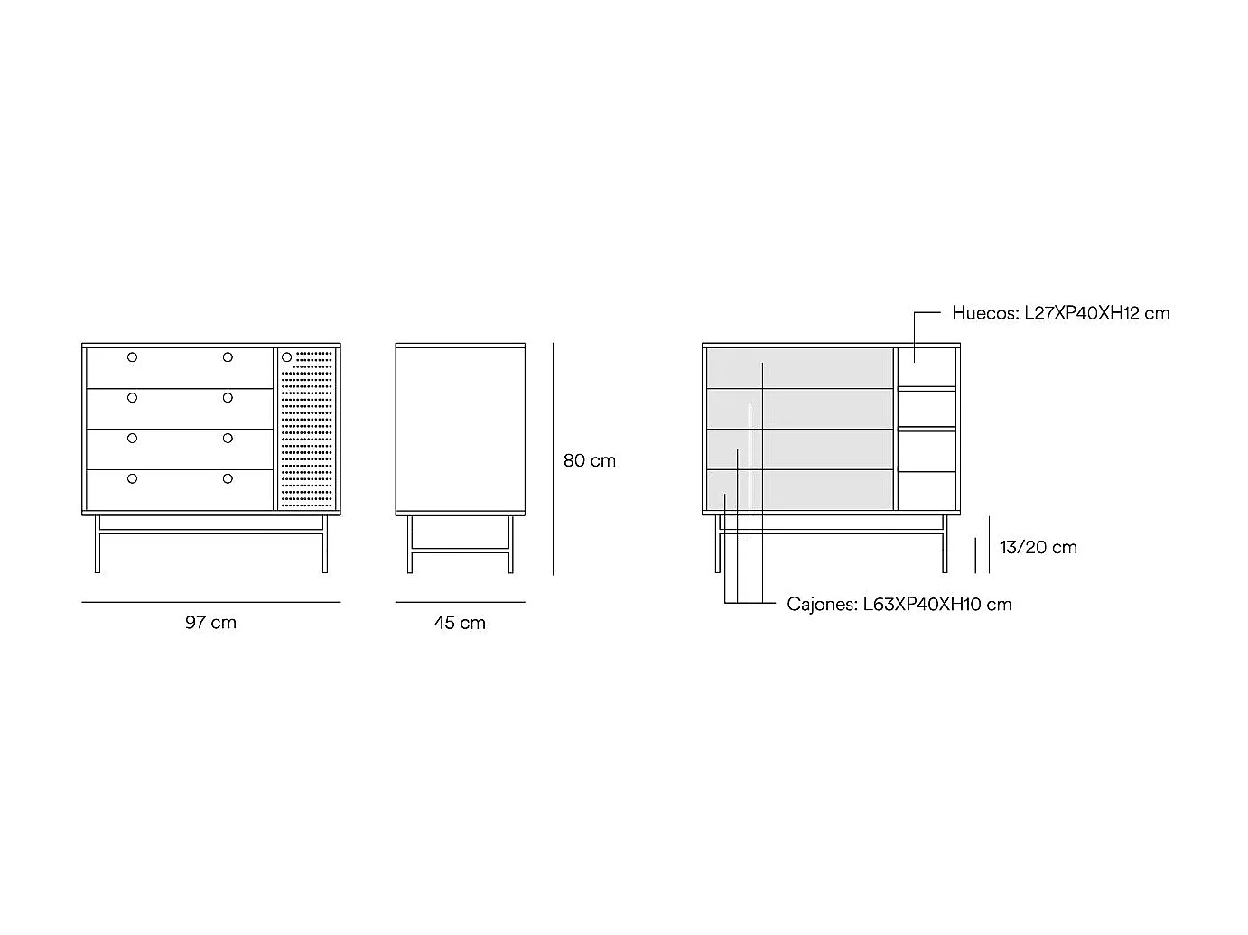 Commode blanche avec 4 tiroirs et 1 porte 97x45 cm