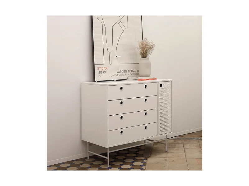 Commode blanche avec 4 tiroirs et 1 porte 97x45 cm