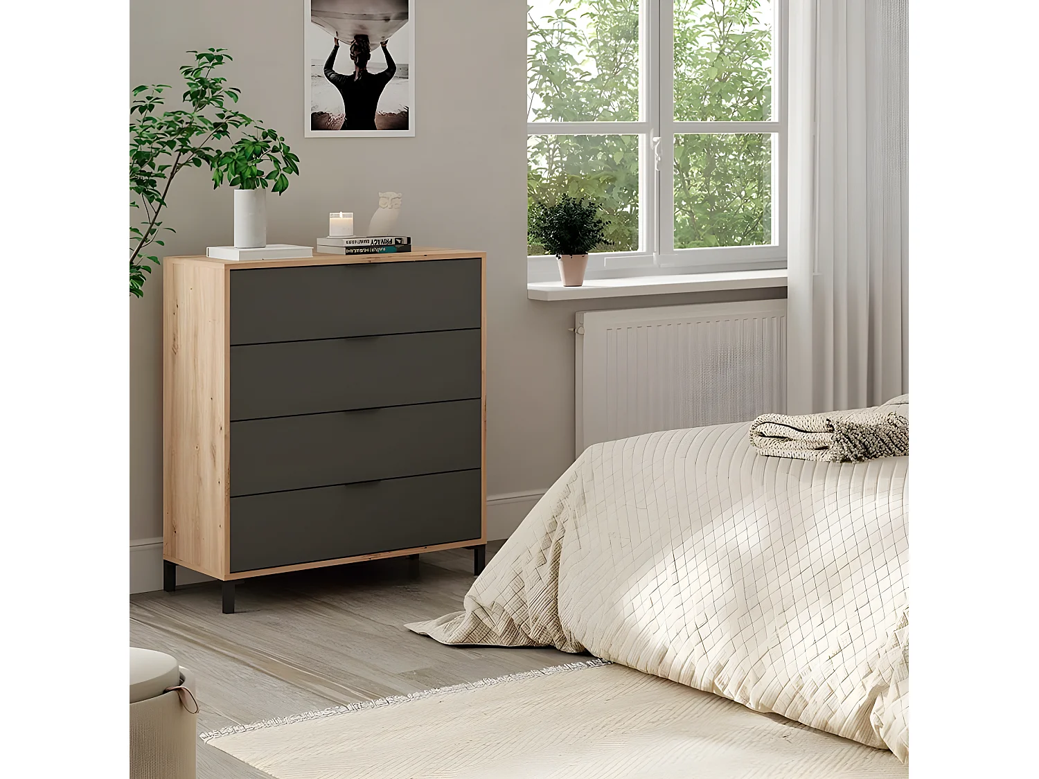 Cômoda Enzo com 4 Gavetas, Carvalho e Preto 94x78cm