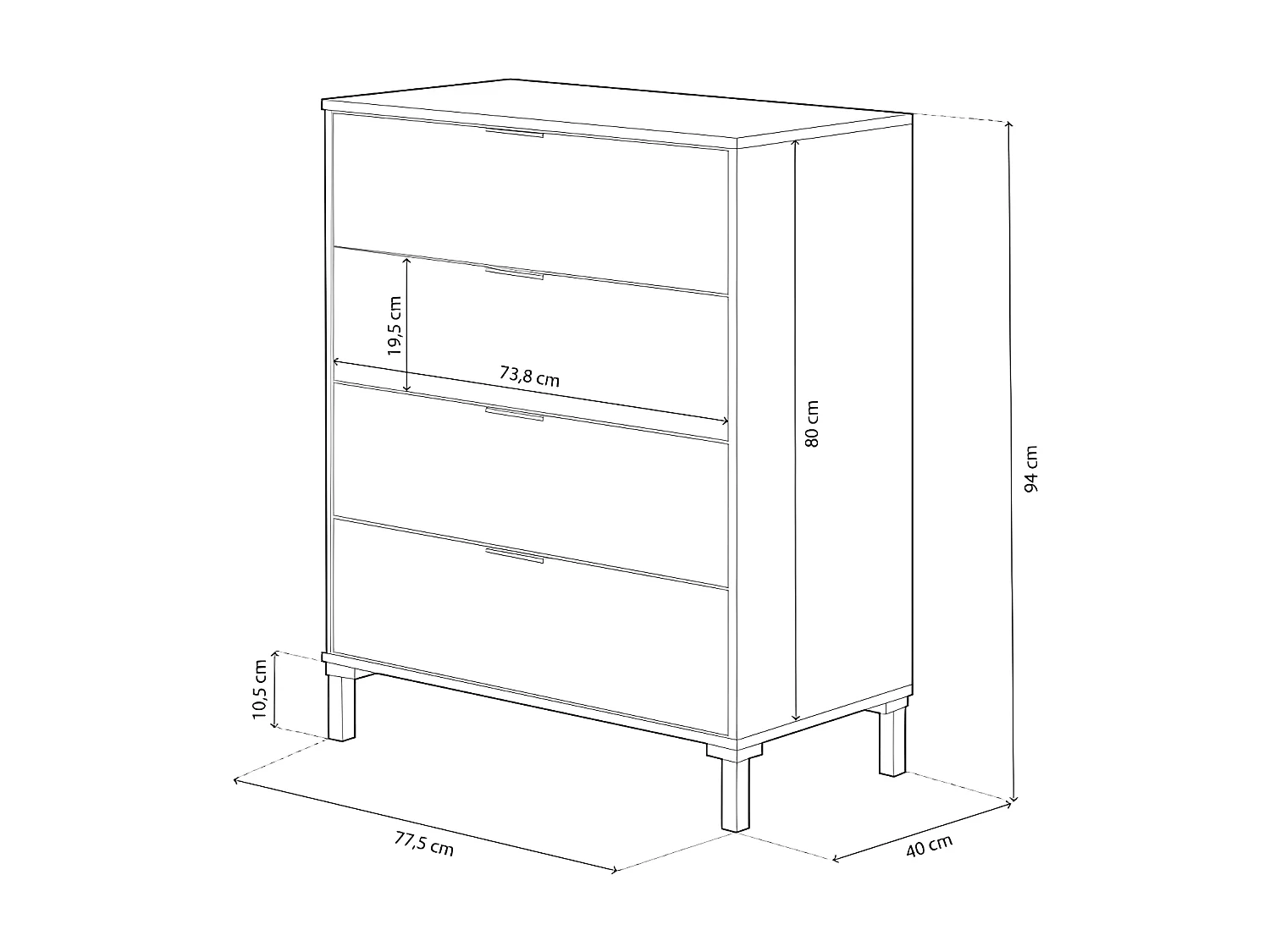 Cômoda Enzo com 4 Gavetas, Carvalho e Preto 94x78cm