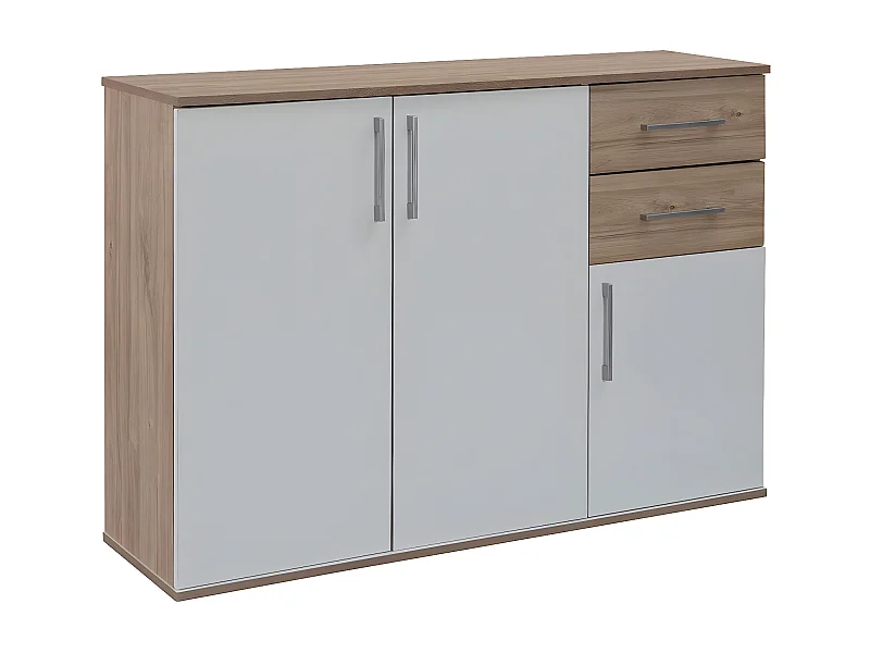 Cômoda Aparador Joana 3 Portas e 2 Gavetas, Branco e Carvalho 120x82cm