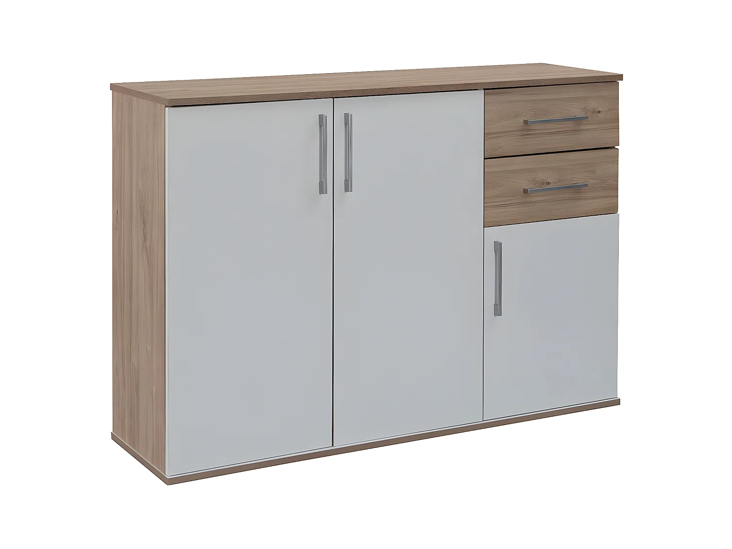 Cômoda Aparador Joana 3 Portas e 2 Gavetas, Branco e Carvalho 120x82cm