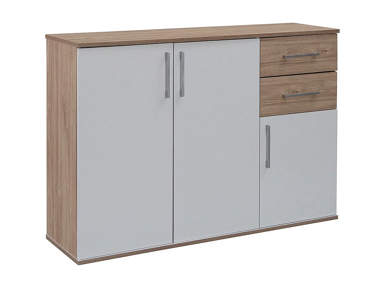 Cômoda Aparador Joana 3 Portas e 2 Gavetas, Branco e Carvalho 120x82cm