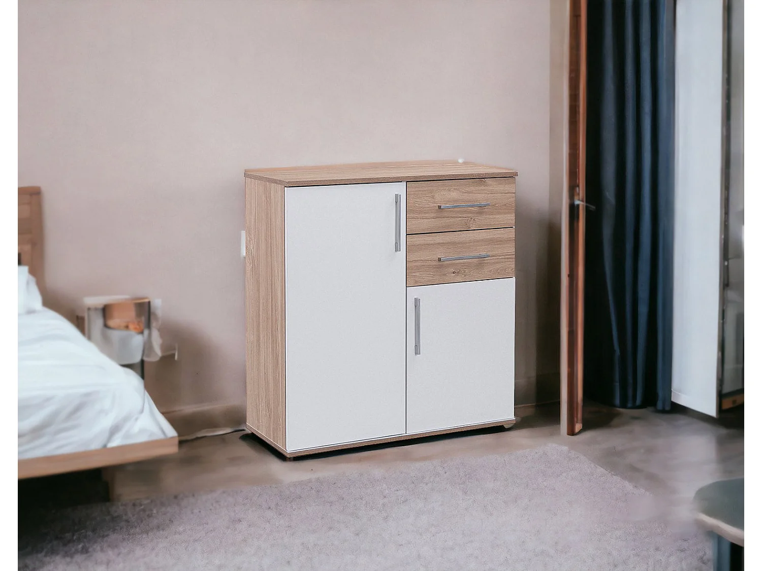 Comoda Aparador Joana 2 Puertas y 2 Cajones Blanco y Cambria 80x82 cm