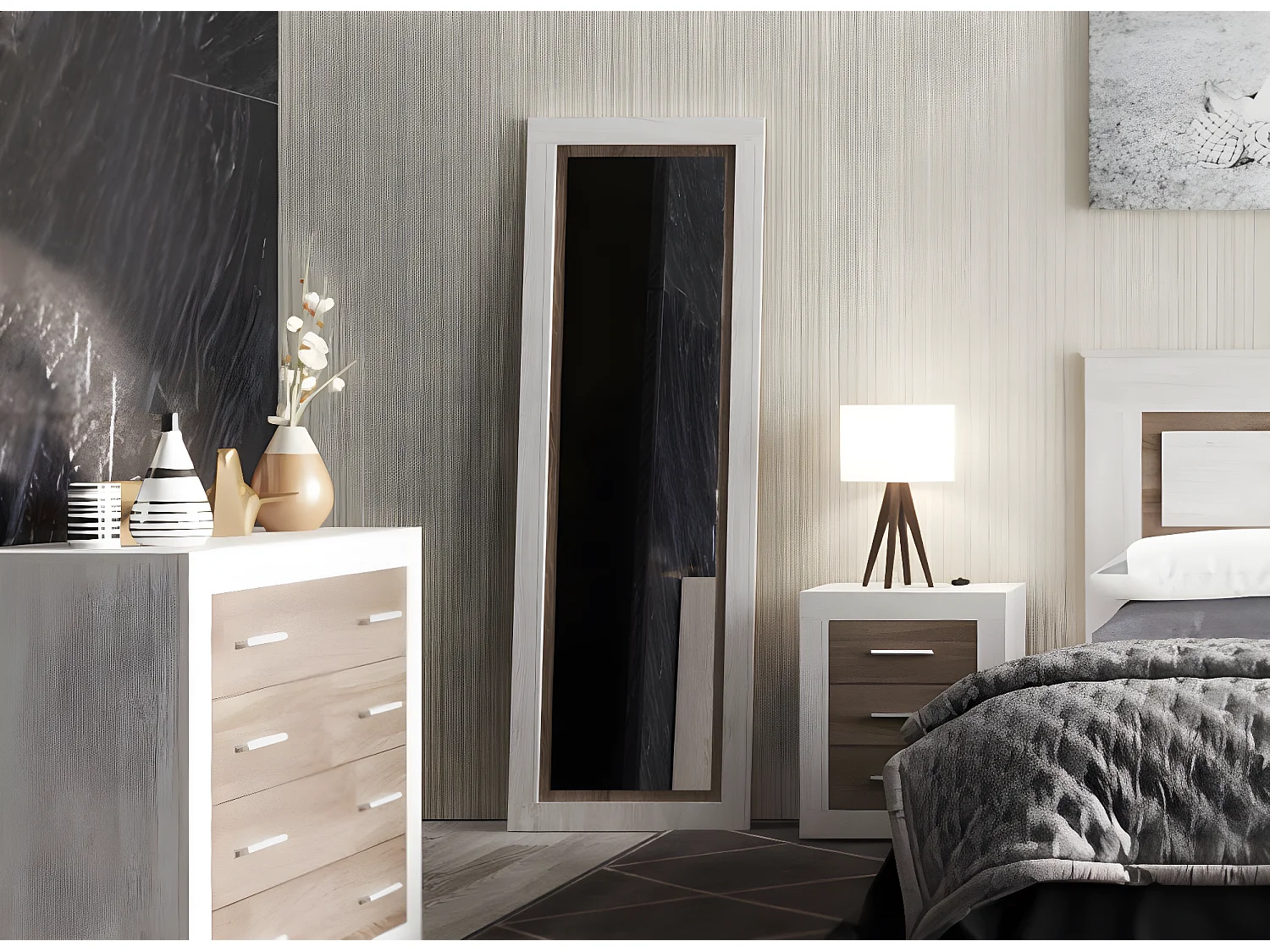 Espejo de Dormitorio o Recibidor Lara Mural, Pino y Gris 180x60 cm