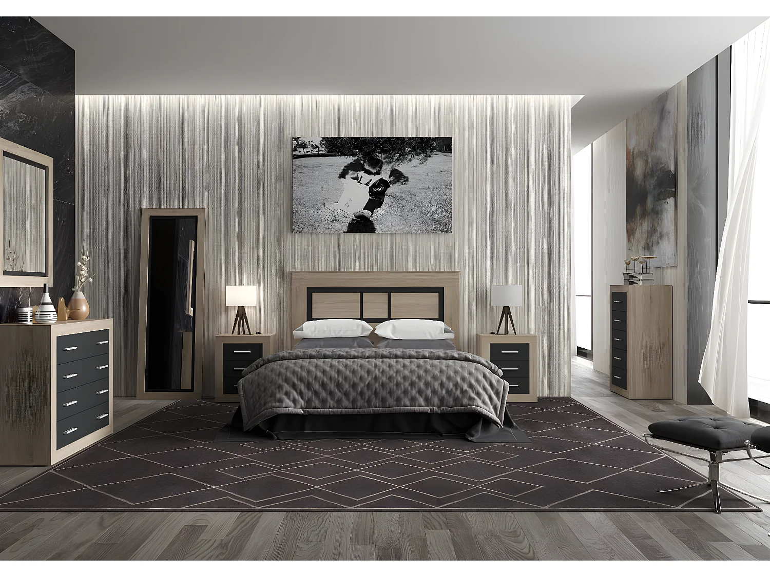 Espejo de Dormitorio o Recibidor Lara Mural, Pino y Gris 180x60 cm