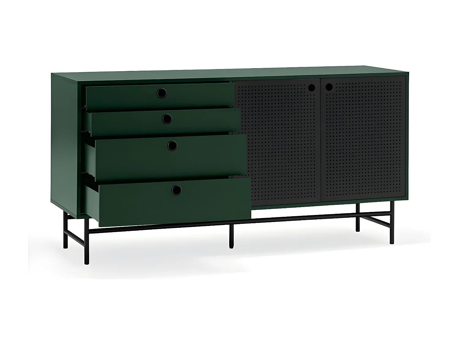 Buffet bas en bois et métal perforé 4 tiroirs 2 portes PUNTO