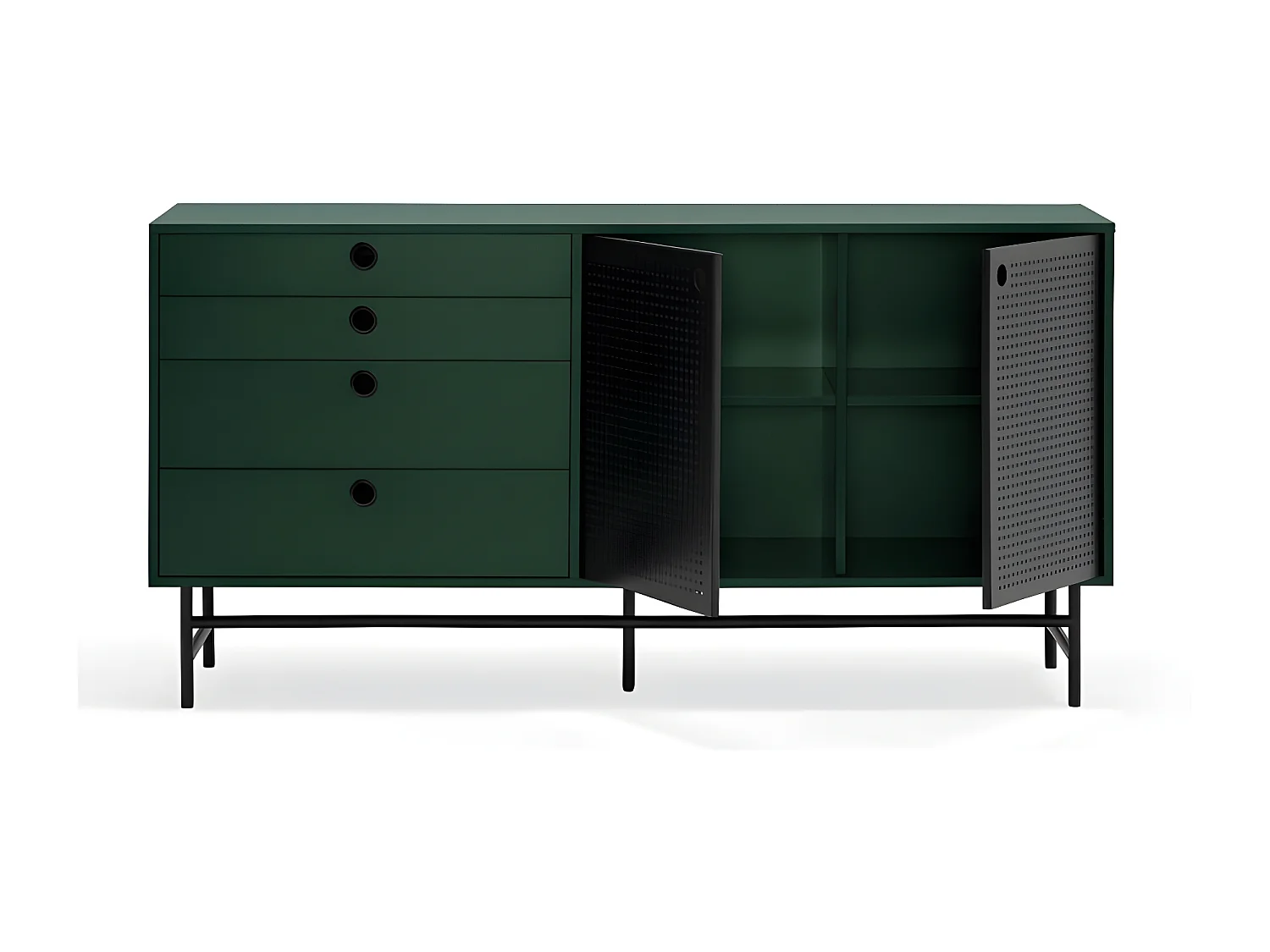 Buffet bas en bois et métal perforé 4 tiroirs 2 portes PUNTO
