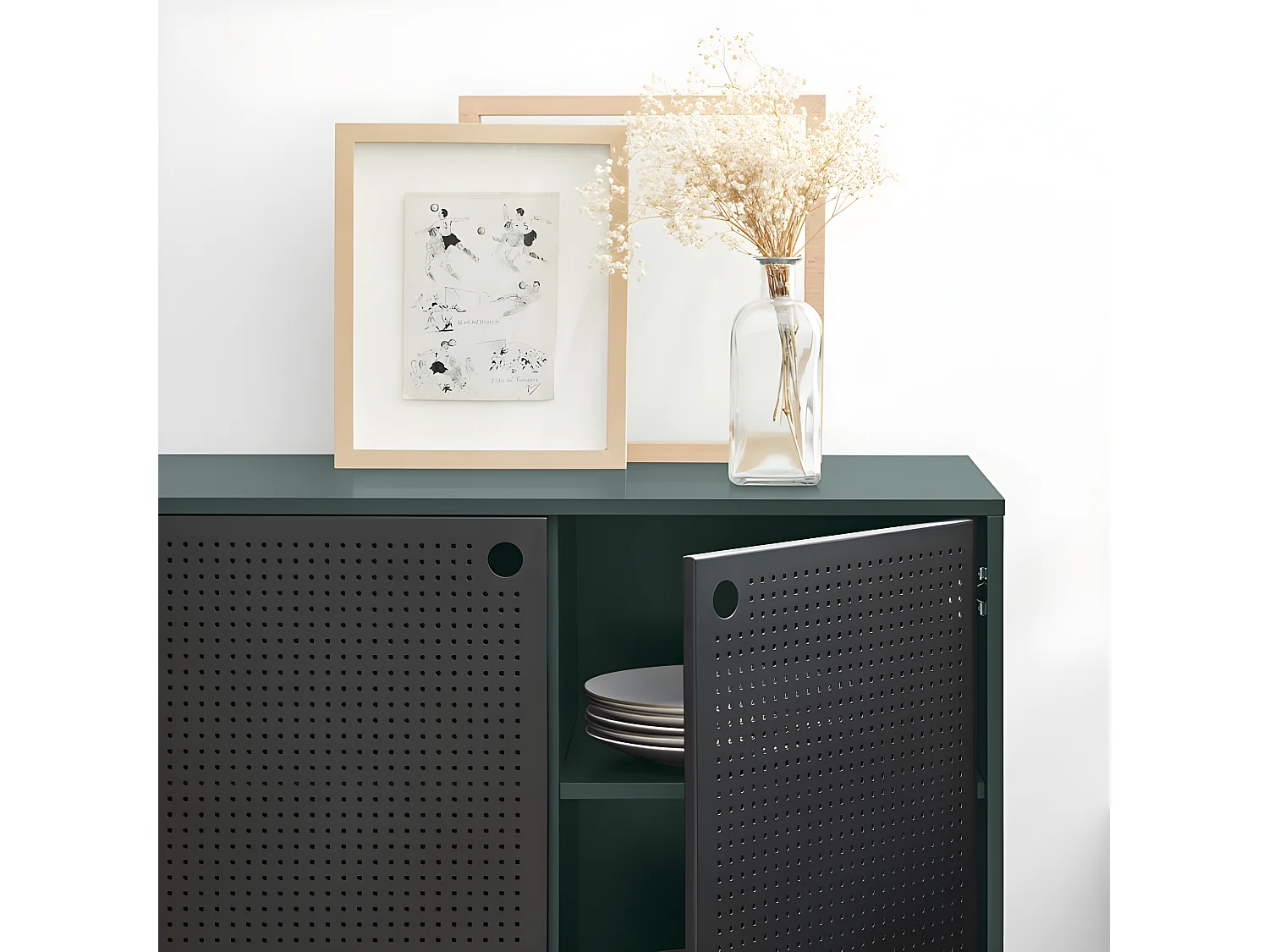 Buffet bas en bois et métal perforé 4 tiroirs 2 portes PUNTO