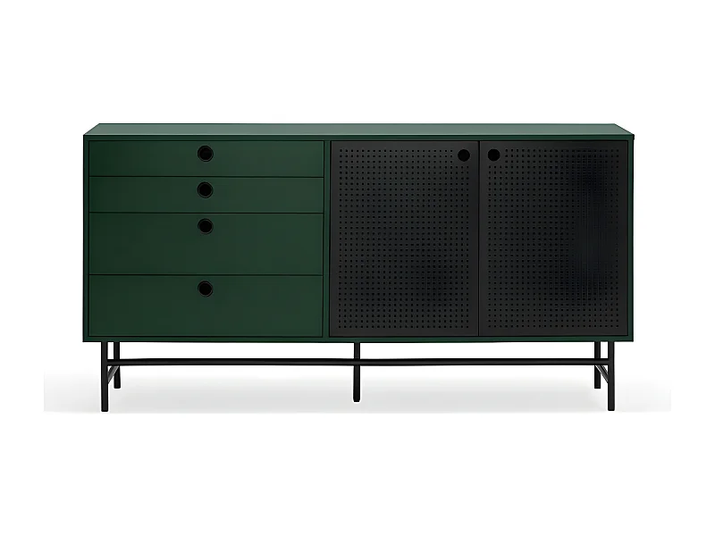 Buffet bas en bois et métal perforé 4 tiroirs 2 portes PUNTO