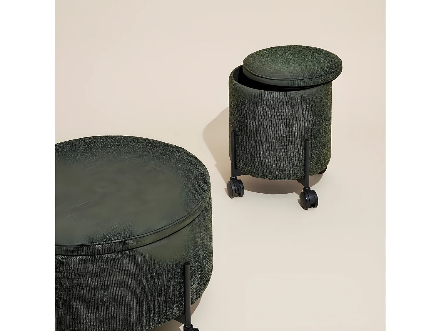 Pouf rond à roulettes 42cm avec coffre en tissu vert OXFORD