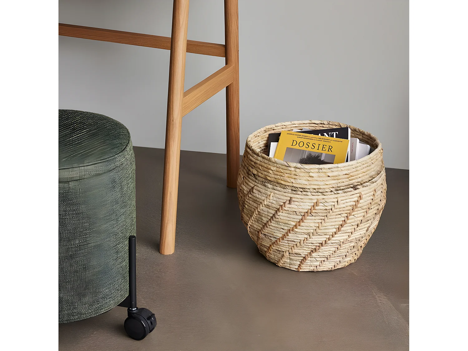 Pouf rond à roulettes 42cm avec coffre en tissu vert OXFORD