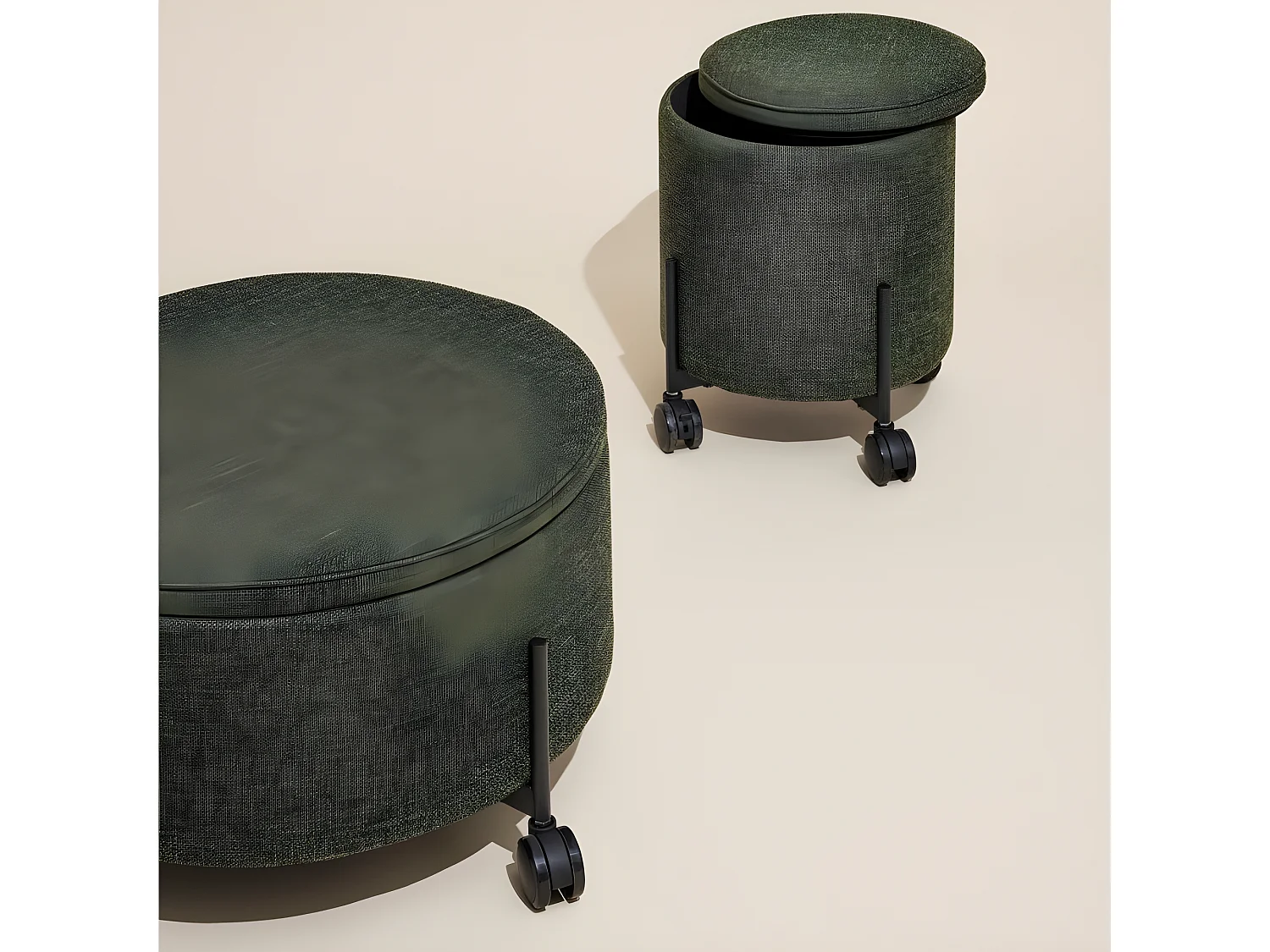 Pouf rond 66cm à roulettes avec coffre en tissu vert OXFORD